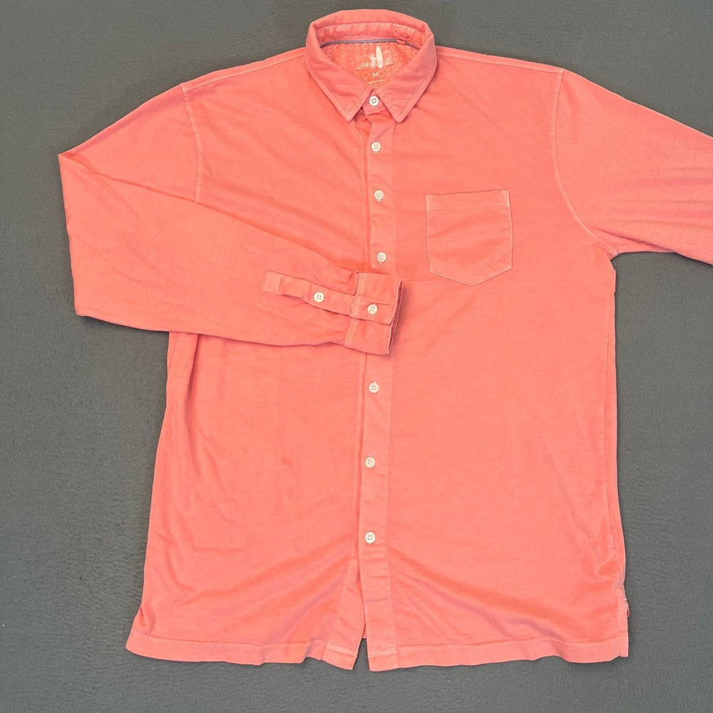Johnnie-O Men Long Sleeve Button Down Shirt Coral Pink Cotton Jersey Size Medium